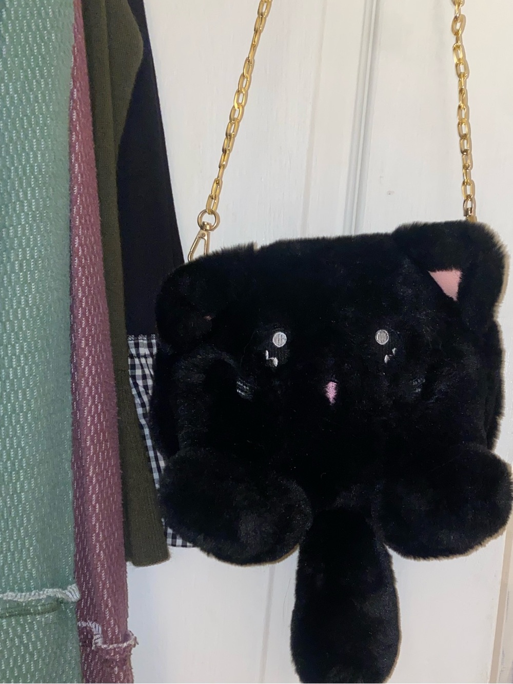 Dolls Kill Black Fuzzy Cat Crossbody Bag with Gold Chain